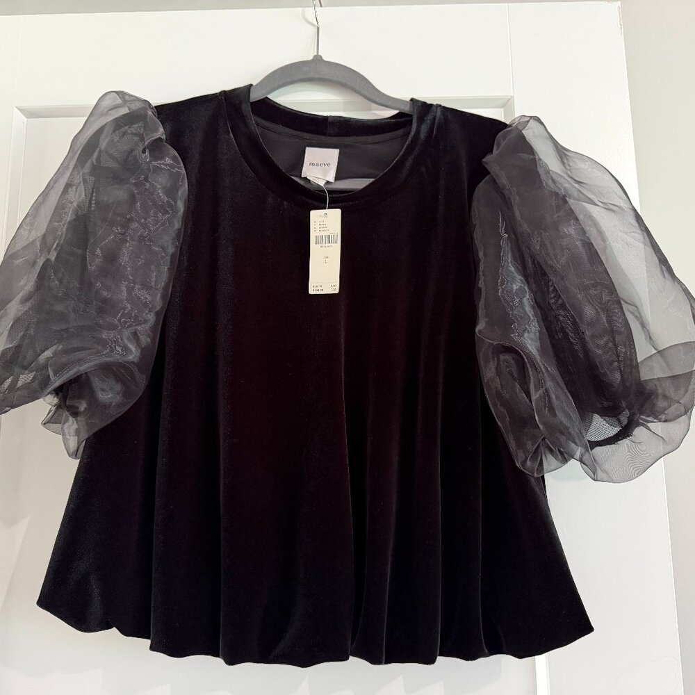 $98 Anthropologie Maeve Black Velvet Puff Sleeve Top - Large